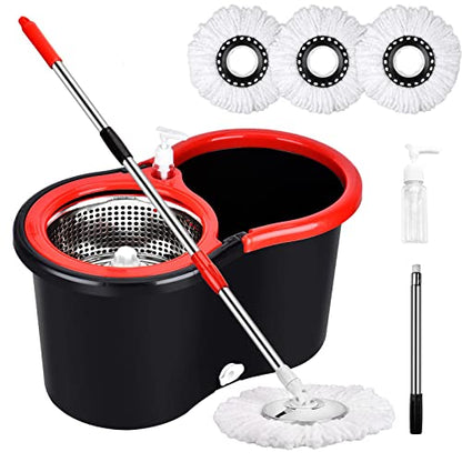 Mop Bucket with Wringer Set, 360 Rotation Mop Bucket Systerm for Floor Cleaning with 3 Microfiber Mop Head for Office and Home Use, Black (20QT) - color: Black Red