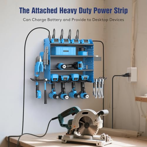 Heavy Duty Power Tool Organizer Wall Mount with Charging Station, 4 Layer Garage Storage Adjustable Shelves Height, Holds 4 Drills, 2 Hooks, Screw & Screwdriver box, Gifts for Fathers Day, Anniversary - color: Blue