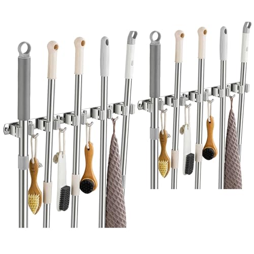 2 Pack Broom Holder Wall Mount, Stainless Steel Broom Hanger Wall Mount, Heavy Duty Mop and Broom Holder Tool Racks Utility Hooks for Laundry Room Garden Garage, Grey (5 Racks and 4 Hooks) - color: Gray, size: 2Pack 5R4H