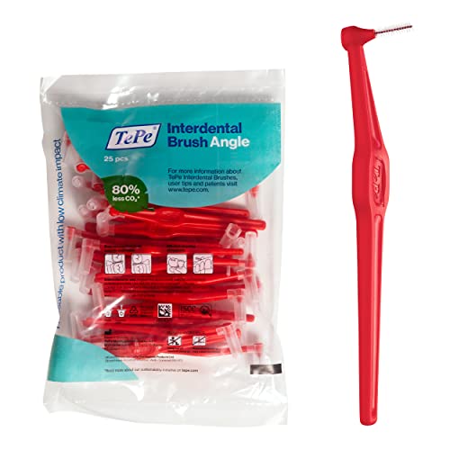 TePe Interdental Brush Angle, Angled Dental Brush for Teeth Cleaning, Pack of 25, 0.5 mm, Extra-Small/Small Gaps, Red, Size 2 - color: Red