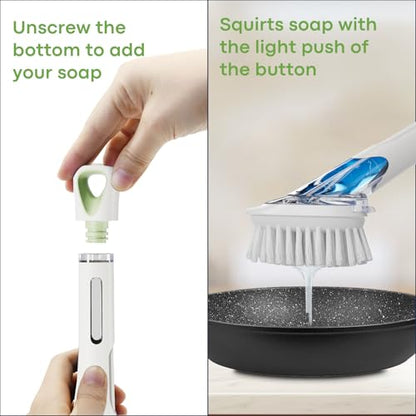 RIMAY Dish Brush with Soap Dispenser Storage Set, Soap Dispensing Dish Brush with 2 Pcs Brush Refills & Holder, Kitchen Dish Washing Wand with Handle for Dishes/Pans/Pots/Sink (White) - color: White-green