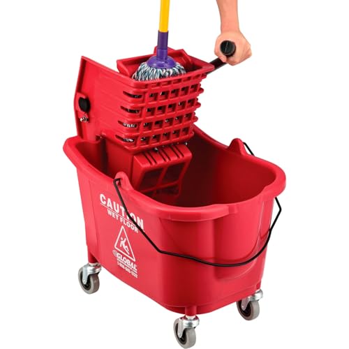 Global Industrial Commercial Mop Bucket and Wringer Combo with Side Press, 38 Quart Capacity, Durable Corrosion-Resistant Polypropylene, 3" Swivel Casters, Red - color: Red