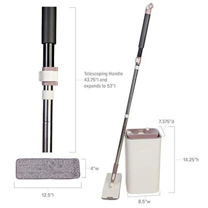 JFB Home Products Micro Flat Mop & Bucket System, Hands-Free Wringing Floor Cleaning, 3 Washable & Reusable Microfiber Pads, Wet or Dry Usage on Wood, Marble, Tile, Laminate, Ceramic and Vinyl Floors - color: Beige