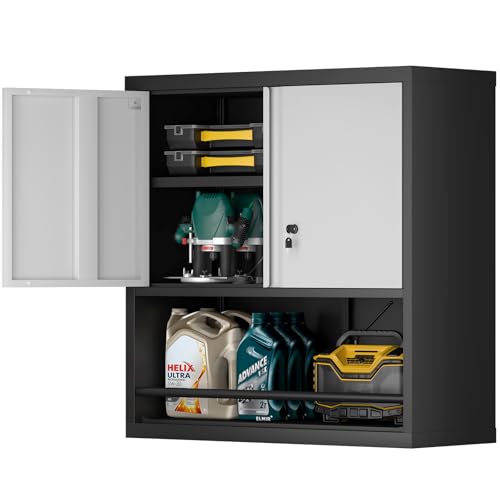Locking Cabinet, Black Wall Storage Cabinet with Shelves, Hanging Cabinets with Open Storage, Small Wall Cabinet, Lockable Tool Cabinet for Basement, School, Office - color: 31"h-hanging Cabinet / Black