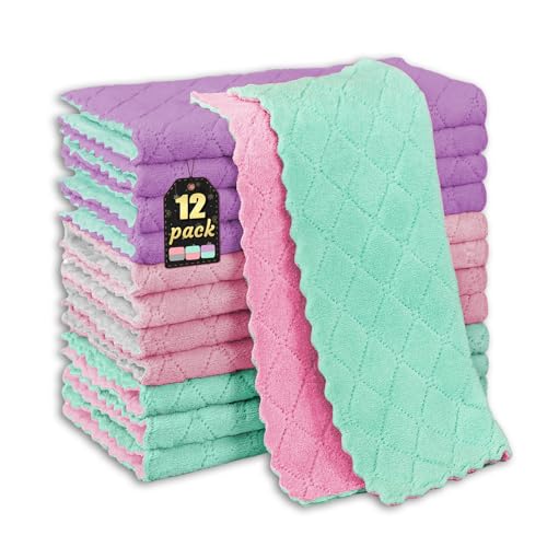 Gartmost 12-Pack Kitchen Cloth, Dish Towels, Microfiber Cleaning Cloths, Premium Coral Fleece Reuseable Fast Drying Cloths for Kitchen, Bathroom, Restroom and Household Cleaning Supplies, 10"×10"