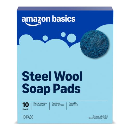 Amazon Basics Steel Wool Soap Pads, Reusable, Cuts Grease and Removes Rust, 10 Count, Pack of 1