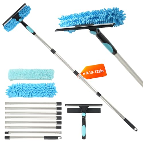 122'' Window Washing Kit with Extension Pole, 2-in-1 Window Cleaning Kit with Scrubber and Rotating Head, Window Cleaner Tool for Shower Rooms, Glass, Floors, Tiles, Walls, Car Windshields - size: 122''