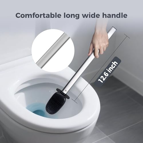 Sineng Silicone Toilet Brush and Holder Set, 2Pack Stainless Steel Toilet Cleaning Brush, One-Piece Long Handle, Flexible Compact Modern RV Toilet Bowl Brush for Bathroom - color: Stainless Steel