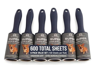 Extra Sticky Lint Roller for Pet Hair (600 Sheets) — 6-Pack, Straight-Cut Sheets, Ergonomic Navy Handles — Cat & Dog Hair Remover for Clothes, Furniture & Car - size: 6 Packs