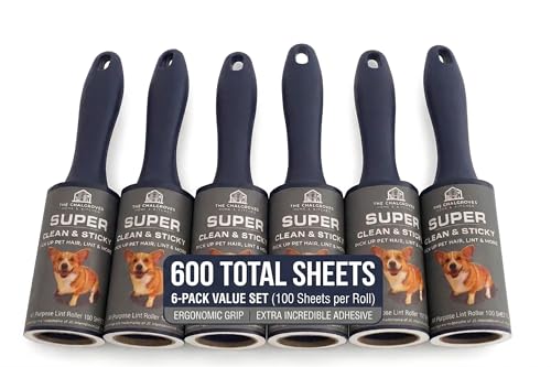 Extra Sticky Lint Roller for Pet Hair (600 Sheets) — 6-Pack, Straight-Cut Sheets, Ergonomic Navy Handles — Cat & Dog Hair Remover for Clothes, Furniture & Car - size: 6 Packs