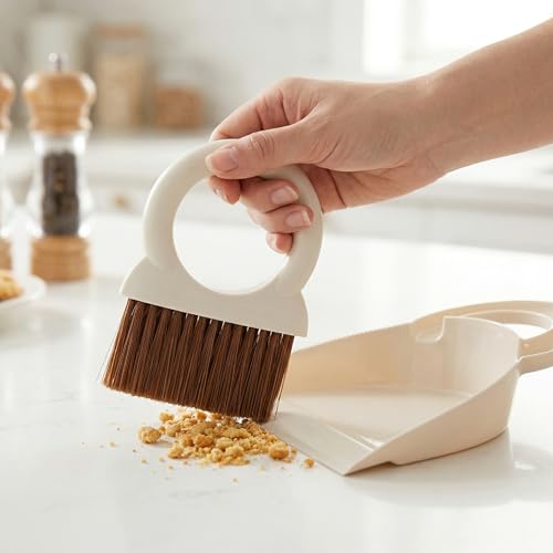 Mini Broom and Dustpan Set with Round Handle, Compact Small Hand Broom with Soft Bristles for Kitchen Counter, Desk, Drawer, Pet Area & Car Interior, Space-Saving Portable Cleaning Tool (Off-White) - color: Off-white