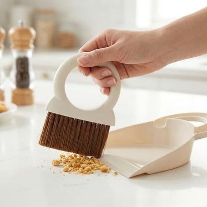 Mini Broom and Dustpan Set with Round Handle, Compact Small Hand Broom with Soft Bristles for Kitchen Counter, Desk, Drawer, Pet Area & Car Interior, Space-Saving Portable Cleaning Tool (Off-White) - color: Off-white