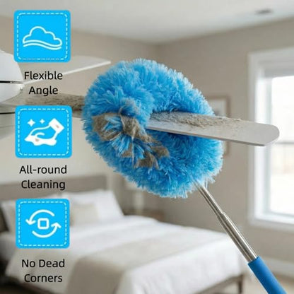 Ceiling Fan Cleaner Duster - Reusable Microfiber Ceiling Fan Blade Cleaner, Long Handle, Dust-Locking, Reusable, Bendable Head Attachment with Soft Grip for Ceiling Fan & High Furniture Surfaces