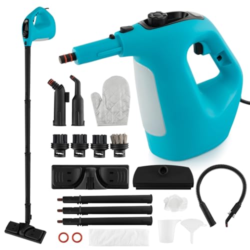 COSTWAY Handheld MultiPurpose Steam Cleaner with 17 Pieces, 350ml Large Capacity Steam Mop Continuous Fill water, Portable Chemical-Free Steamer for Home Use, Floors, Windows, 1400W, Blue - color: Blue