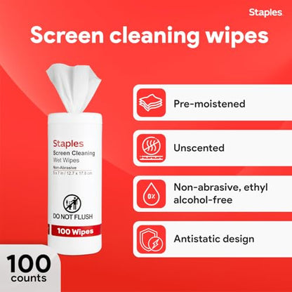 Staples Screen Cleaning Wipes – 100‑Count Tub for Monitors, Laptops, Phones & Electronics - size: 100 Count (Pack of 1)