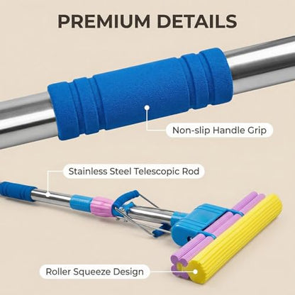 Sponge Mop with Extendable Stainless Steel Handle - Absorbent for Bathroom, Kitchen, Glass, Living Room Hardwood, Tile, Laminate Floors - Easy Lever Squeeze for Dry & Wet Floors