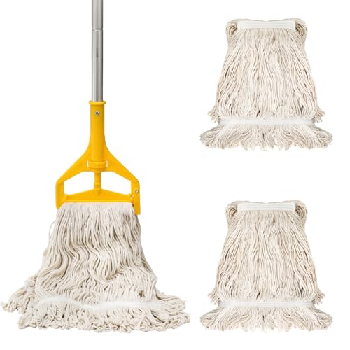 Yesland Commercial Mop with 2 Mop Heads, Industrial Cotton Mops with 61inch Long Handle, Heavy Duty Looped-End String Wet Mops for Cleaning Office Garage Hardwood Warehouse Factory Mall Deck