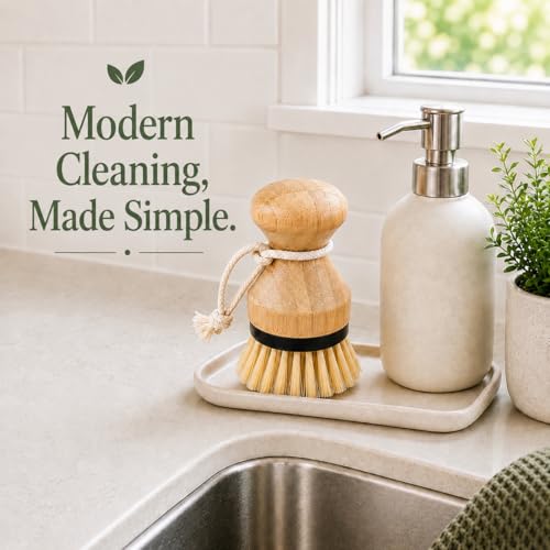 Kitchen Simple Bamboo Palm Brush Set, 2 Pack Dish Scrub Brushes for Pots, Pans, Dishes, Sink & Vegetable Cleaning, Durable Bristles, Bamboo Handle, Black Accent & Cotton Hanging Loop