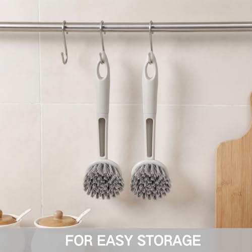 Patelai 12 Pack Kitchen Scrub Dish Brush with Long Handle Dish Scrubber with Stiff Bristles Scrub Brushes for Kitchen Dishes Washing Tools, Pots, Pans and Sink Cleaning (Gray White) - color: Gray White