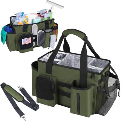 Wearable Cleaning Caddy Bag, Cleaning Organizer with Handles, Cleaning Supply Tote with Adjustable Shoulder Strap for Cleaners & Housekeeper (Green, 13.4'' x 7.3'' x 9.3'')