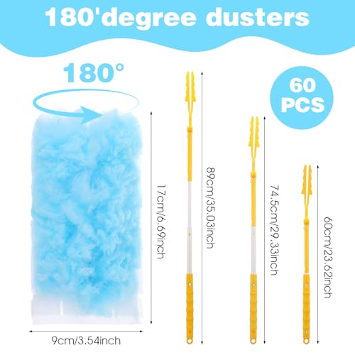 Long Duster with 60 Count Electrostatic Duster Refills, 2-Sided Blue Disposable Dusting Cloths & Adjustable Retractable Handle for Multi-Surface Cleaning, Furniture, Blinds, Ceiling Fans