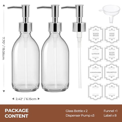 8 oz Clear Glass Pump Bottle, 250ml Small Lotion Dispenser Bottle for Body Massage Oil, Refillable Empty Hand and Dish Soap Dispensers Set with Plastic Silver Pump, Labels - 2 Pack - color: Clear With Silver Pump