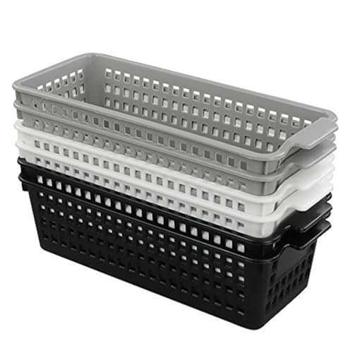 6 Pack Plastic Storage Organizer Basket, White Grey Black, Slim Organizing Basket Set