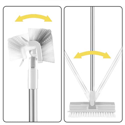 Grout Scrub Brush with 42" Long Handle Double-Sided Floor Scrub Brush V-Shape Grout Cleaner with Squeegee 180° Rotating for Tile Floors, Baseboards, Wall - color: White