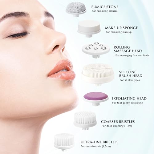COSLUS Facial Cleansing Brush Silicone Face Scrubber: 7 in 1 FBS-D Electric Exfoliating Rotating Massage Device Waterproof Deep Cleaning Exfoliation Spa Machine - Electronic Skin Care Wash System - color: Light Blue, size: With 7 brush heads