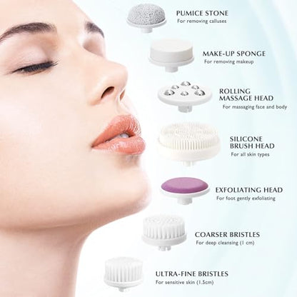 COSLUS Facial Cleansing Brush Silicone Face Scrubber: 7 in 1 FBS-D Electric Exfoliating Rotating Massage Device Waterproof Deep Cleaning Exfoliation Spa Machine - Electronic Skin Care Wash System - color: Light Blue, size: With 7 brush heads