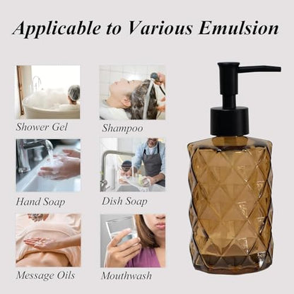 12Oz Small Glass Soap Dispenser with Black Plastic Pump, Brown Refillable Kitchen Countertop Liquid Hand Soap Dispensers with Diamond Design, Crystal Bathroom Lotion Bottle for Dish Soap, 2 Set - color: 2 Pack Diamond Brown