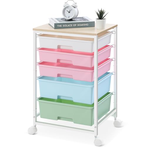 SYKIARIOL Utility Cart with 5 Drawers,Storage Drawer Cart with Wooden Tabletop and Lockable Wheels,Craft Storage Trolley Cart,5-Tier Rolling Utility Cart on Wheels,Rainbow - color: Rainbow