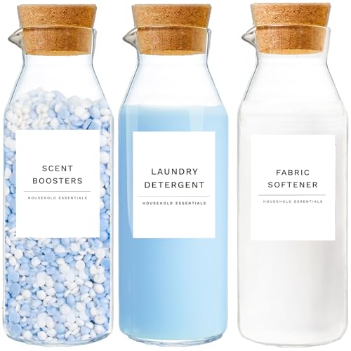 Glass Laundry Detergent Dispenser Set with Cork Lids, Fabric Softener Dispenser, Easy Pour 3 Pack Laundry Bottles, Liquid Detergent Containers, Scent Booster & Bleach Container for Laundry Room - size: 3 Bottles