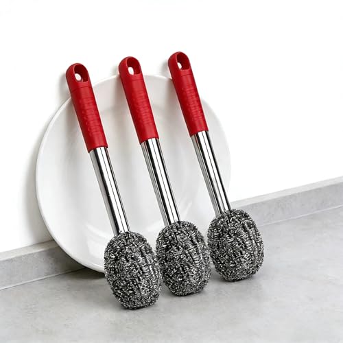 2PCS Steel Wool Scrubber with Handle Rustproof, Cast Iron Scrubber, Stubborn Messes Pot Brush, Remove Dirt for Cleaning Stoves,Sinks Dishes Grills Bowls & Metal Wire Sponge for Kitchens - color: Red