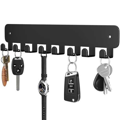 pickpiff Key Holder Wall Mount, Adhesive Key Rack with 8 Hooks Hanger for Car Key Ring, Metal Key Chain Organizer, Black 1 Pack - color: Black