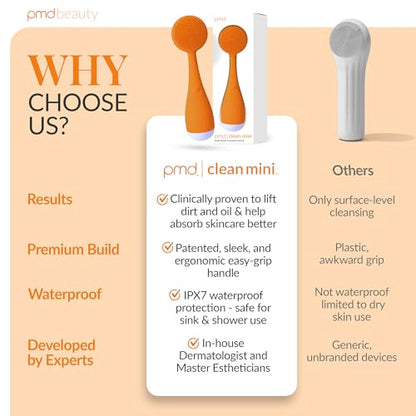 PMD Clean Mini - Smart Facial Cleansing Device with Silicone Brush & Anti-Aging Massager - Waterproof - SonicGlow Vibration Technology - Clear Pores and Blackheads - Lift, Firm, and Tone Skin - color: Orange