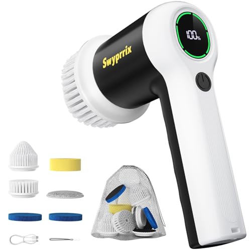 Electric Spin Scrubber for Bathroom and Shower Cleaning SD-CTB02 | 2 Speeds Cordless Power Cleaning Brush, 6 Replaceable Brush Heads, IPX7 Waterproof, For Bathroom, Sink, Tile, Kitchen, Grout - color: White and Black
