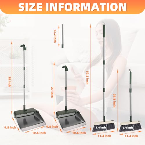 Broom with Dustpan Combo Set, Heavy Duty Standing Metal Dust Pan with Teeth, Indoor Outdoor Up for Home Kitchen Lobby Room Office, Green - color: Green