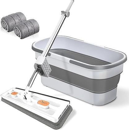 Large Flat Mop - 360° Rotating Mop with Dewatering Scraper, Djustable Stainless Steel Long Handle with 2 Microfiber Pads 12027(54" White+22" Bucket Set,+2 Pads) - color: 54" White+22" Bucket Set, size: +2 Pads
