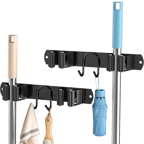 Broom Holder Wall Mount, 2-Pack Stainless Steel Mop and Broom Organizer, Broom Hanger with 2 Slots 2 Hooks for Home Kitchen, Garage, Garden and Laundry Room, Black - color: Black-2 Pack