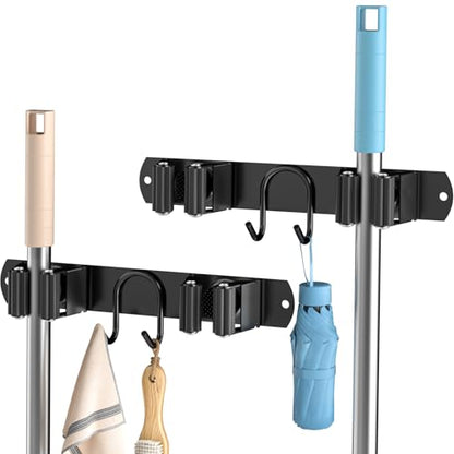 Broom Holder Wall Mount, 2-Pack Stainless Steel Mop and Broom Organizer, Broom Hanger with 2 Slots 2 Hooks for Home Kitchen, Garage, Garden and Laundry Room, Black - color: Black-2 Pack