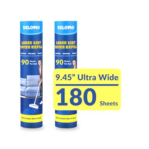Lint Roller Refills (2 Pack, 180 Sheets) – DELOMO 9.45 in Large Lint Roller Refill, Compatible Only with DELOMO Large Lint Roller, for Cleaning Carpets, Cars, Beds, Couches & Pet Hair - size: C: 2 Refills (180 Sheets Total)