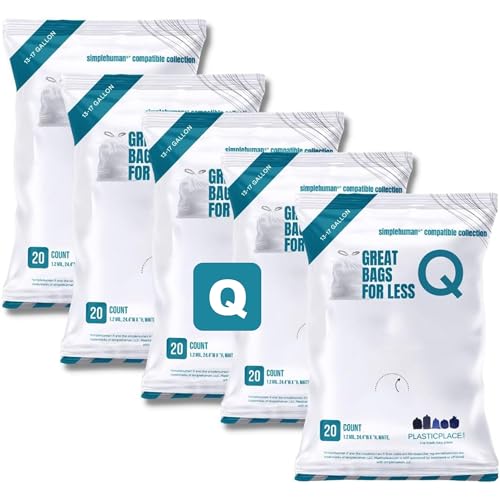 Plasticplace Trash Bags, Compatible with simplehuman Code Q Packs, White Drawstring Garbage Liners,13-17 Gallon, 25" x 32.5" (20 Count/5 Pack) - size: 20 Count (Pack of 5), style: Unscented