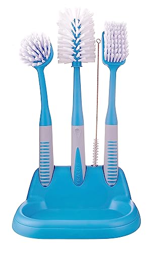 Dish Brush Set of 5 with Convenient Holder, Bottle Water Brush, Dish Scrub Brush, Scrubber Brush and Straw Brush - Kitchen Scrub Brushes Non Slip Long Handle for Sink Dishes Cup Pot - color: Blue, Set of 5 With Holder