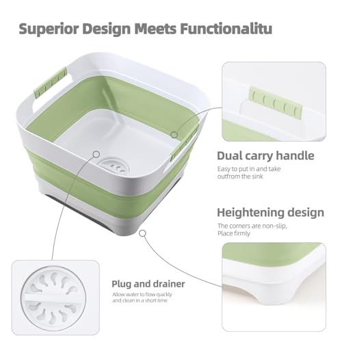 Collapsible Wash Basin for Baby Bottles - 2.4 Gallons Portable Wash Bin for RV Camping Sink, Space-Saving Dish Tub.Laundry & Utility Room Sinks (Green) - color: Green
