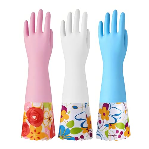 Bamllum 3 Pairs Rubber Cleaning Gloves, Household Kitchen Dishwashing Gloves with Cotton Flocked Liner, Long Cuff 16 Inches, Reusable, Non-Slip (Medium, Blue+Pink+White) - color: Blue+pink+white, size: Medium