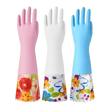 Bamllum 3 Pairs Rubber Cleaning Gloves, Household Kitchen Dishwashing Gloves with Cotton Flocked Liner, Long Cuff 16 Inches, Reusable, Non-Slip (Medium, Blue+Pink+White) - color: Blue+pink+white, size: Medium