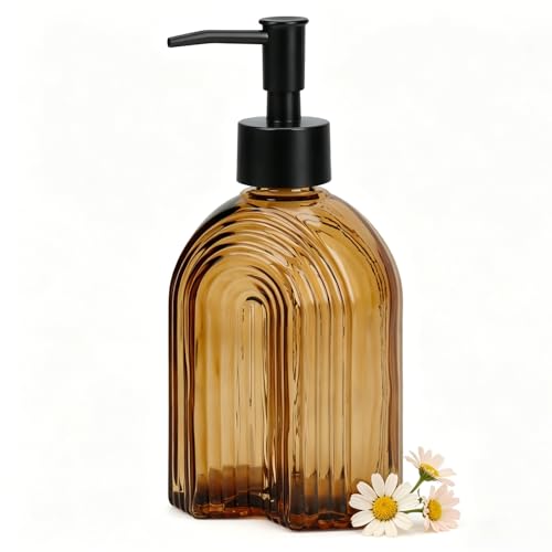 Black Pump Glass Soap Dispenser, 12oz Brown Stripe Countertop Refillable Liquid Bottle Hand Dish Lotion Dispenser with Plastic Pump, for Kitchen, Bathroom Countertop - color: Amber R