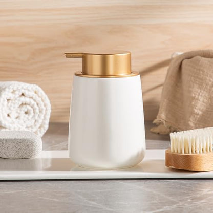 Enra Foaming Soap Dispenser,12 oz Beige Ceramic Modern Foam Hand Soap Dispenser for Bathroom,Kitchen with Easy-to-Press Pump (White Foam Gold Pump) - color: Foam-white-gold Pump