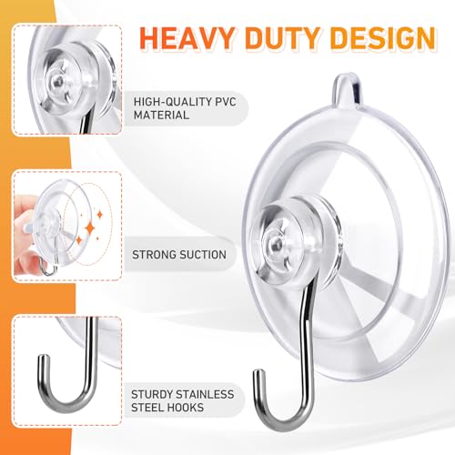 KORCCI Suction Cup Hooks 12Pack - Max Load 10LB, 1.77Inch Clear Medium Suction Cups, No Trace, Reusable & Removable, Stainless Steel Hooks, for Tile, Glass, Window, Shower, Kitchen, Bathroom - size: 12pc-Medium Size